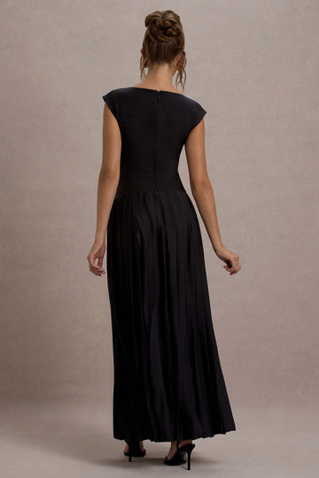 Arna Black Boat-Neck Pleated Maxi Dress